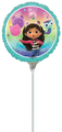 The 9" Airfill Only Gabby's Dollhouse Foil Balloon by Anagram/MD features a smiling girl with cat ears, musical notes, and cute cats on a rainbow background with a teal border. Stick sold separately.