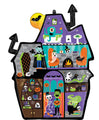 The Anagram/MD 27" SuperShape Haunted Manor Foil Balloon features a colorful cartoon haunted house with monsters, skeletons, pumpkins, a witch, and Halloween decorations including bats, webs, cauldrons, and a full moon.