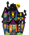 Celebrate Halloween with the 27" SuperShape Haunted Manor Foil Balloon by Anagram/MD, featuring a colorful cartoon haunted house, pumpkins, bats, black cat, snake, skulls, ghosts, and three smiling friendly monsters under a night sky.