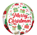 Celebrate with the 16" Orbz Merry Christmas Jolly Old Santa Foil Balloon by Anagram/MD, featuring red "Merry Christmas," plus Santa, trees, gifts, candy canes, and ornaments on a festive white and green background.