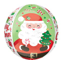 The 16" Orbz Merry Christmas Jolly Old Santa Foil Balloon by Anagram/MD features a cartoon Santa with a candy cane and tree, surrounded by festive designs like gifts and the phrase "Merry Christmas.