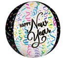 The 16″ Orbz New Year Satin Confetti Cheer Foil Balloon by Anagram/MD features a round shape with “Happy New Year” in black and gold, surrounded by colorful confetti and streamers on a white background bordered in black.