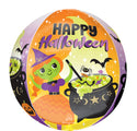 Le ballon Orbz Halloween Witch's Brew 16" d'Anagram/MD représente une sorcière verte aux cheveux orange, un chaudron de potion verte, une araignée, des chauves-souris, des bonbons et "Joyeux Halloween" sur un fond étoilé orange et violet.