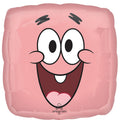 The Anagram/MD 17" SpongeBob Square Pants Front/Patrick Reverse Foil Balloon features a cartoon face with wide eyes, raised eyebrows, rosy cheeks, and a big open-mouthed smile.