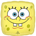 The 17" SpongeBob Square Pants Front/Patrick Reverse Foil Balloon by Anagram/MD features a square yellow design with a cartoon face resembling SpongeBob, including large blue eyes, big teeth, and red cheeks.