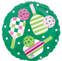 The Anagram/MD 18" Pickleball Foil Balloon features a round green design with three colorful pickleball paddles, three polka dot pickleballs in pink, green, and white, plus white dots and a scalloped edge pattern.