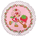 A cartoon girl in a pink strawberry-themed outfit pushes a wheelbarrow with a giant strawberry on a pink polka dot background—great for decorating or pairing with the Anagram/MD 18" Standard Strawberry Shortcake Foil Balloon.