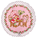 A girl in a strawberry outfit shares tea and cake with a pink cat at a small table, surrounded by strawberries, flowers, and an 18" Standard Strawberry Shortcake Foil Balloon by Anagram/MD on a round pink and white patterned background.