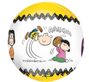The 16" Orbz Snoopy/Peanuts Foil Balloon by Anagram/MD features a yellow and white design with cartoon images of Charlie Brown yelling “AAUGH!” as Lucy pulls a football away, plus other Peanuts characters around the sides.