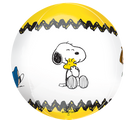 The 16" Orbz Snoopy/Peanuts Foil Balloon by Anagram/MD features Snoopy hugging Woodstock, with yellow and black zigzag borders and partial Peanuts characters on the sides.