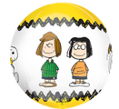 The 16" Orbz Snoopy/Peanuts Foil Balloon by Anagram/MD features yellow and white colors with Peppermint Patty, Marcie, and a partially visible Snoopy from the Peanuts comic strip, plus zigzag patterns above and below.