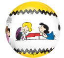 The Anagram/MD 16" Orbz Snoopy/Peanuts foil balloon features a round, yellow-and-white design with Schroeder playing a red piano as Lucy watches, decorated with comic-style art and zigzag borders.