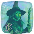 El globo estándar de 17" Wicked: For Good Foil Balloon de Anagram/MD muestra a una bruja teñida de verde con un sombrero alto y un bastón, motivos de hojas e iniciales "EC" estilizadas en rosa.