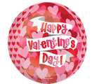 The 16" Orbz Playful Valentine Hearts Foil Balloon by Anagram/MD features pink, red, and orange hearts and playful "Happy Valentines Day!" text in red and pink, displayed on white banners across the round balloon’s center.