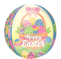 The 16" Orbz Easter Egg Basket Foil Balloon by Anagram/MD showcases a vibrant basket with decorated eggs, "Happy Easter" in white script, a pink bow on top, and patterned eggs around the sides.
