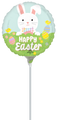 The Anagram/MD 9" Airfill Only Easter Bunny Bliss Foil Balloon features a cartoon white bunny, colorful eggs, chicks, flowers, and “Happy Easter” on a green background. Sticks sold separately.