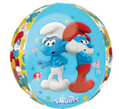 The Anagram/MD 16" Orbz Smurfs Movie Foil Balloon features two blue Smurfs standing back to back, stars and mushrooms, and The Smurfs logo—perfect as a party decoration for any fan!.