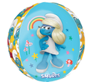 The 16" Orbz Smurfs Movie Foil Balloon by Anagram/MD features smiling Smurfette with blonde hair, mushrooms, stars, and a rainbow on a blue background with smaller Smurfs—perfect for your next Smurfs party!.