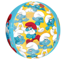 The 16" Orbz Smurfs Movie Foil Balloon by Anagram/MD features Papa Smurf and other playful Smurfs in blue and white on a vibrant yellow background—perfect for adding color to any party.