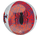 The 16" Orbz Spiderman Foil Balloon by Anagram/MD features Spider-Man climbing beside a bold black spider on a red web-patterned background, accented with gray webs.