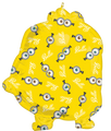 24″ SuperShape Minions 3 Foil Balloon shaped like a Minion, featuring a repeating pattern of Minion eyes and the word Bello in white script.