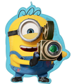 A 24″ SuperShape Minions 3 Foil Balloon shaped like a Minion holding a vintage film camera.
