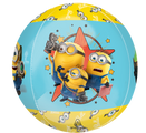 The Anagram/MD 16" Orbz Minions 3 Foil Balloon features three Minions in front of a red star on a blue background, plus yellow bands with Minion eyes and "Bello".