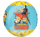 The 16" Orbz Minions 3 Foil Balloon by Anagram/MD features Minions with cameras before a red star, "SHOW ME SMILE" in bold orange, plus blue and yellow backgrounds, extra Minion images, and "Bello.
