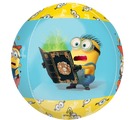 The 16" Orbz Minions 3 Foil Balloon by Anagram/MD shows a surprised Minion holding a glowing book, surrounded by a yellow border with Minion faces and "Bello" text.