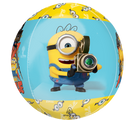 The 16" Orbz Minions 3 Foil Balloon by Anagram/MD features a Minion from Despicable Me in blue overalls holding a camera, set against a yellow and blue background with fun Minion graphics.