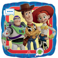 The Anagram/MD 18" Standard Toy Story 5 Foil Balloon features Buzz Lightyear, Woody, and Jessie smiling together on a yellow background with a red and blue border, plus speech bubbles in the corners.