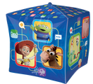 The Anagram/MD 15" UltraShape Cubez Toy Story 5 Foil Balloon is a blue, cube-shaped balloon featuring Toy Story characters like Jessie, Bullseye, Forky, Hamm, Alien, and more with colorful icons and speech bubbles on each side.