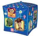 The 15" UltraShape Cubez Toy Story 5 Foil Balloon by Anagram/MD is a blue, cube-shaped balloon featuring Woody, Buzz Lightyear, Rex, and other Toy Story characters with colorful icons and symbols on the background.