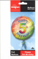 18″ Happy 5th Birthday Mylar Balloon in its packaging, featuring a round shape with a rainbow pattern.