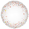The 18" Sparkling Fizz Rose Gold Foil Balloon by Oaktree features a round, white design with scattered metallic gold, silver, and rose gold dots for a festive look.