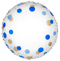An 18" metallic foil balloon from Oaktree, called 'Blue Gold Confetti No Message,' features shiny blue and gold confetti-like dots on a white surface, displayed from a top-down view.