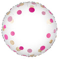 Le ballon Oaktree Pink Gold Confetti No Message Metallic Foil Balloon de 18 pouces présente un motif uniforme de pois roses et dorés sur sa surface blanche et ronde.