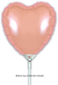 A shiny rose gold heart-shaped Oaktree foil balloon (9", airfill only, self-sealing valve) shown on a white stick and cup holder. Text below: Balloon Cup & Stick Not Included. Pack of 5.