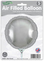 A pack of five 9" Oaktree silver round foil balloons, air fill only with self-sealing valve. Packaging shows one inflated balloon and a "Made in Britain" logo.