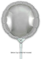 A 9" silver round Oaktree brand foil balloon (self-sealing, airfill only, 5 per pack) is attached to a white holder and stick. Beneath the balloon: Balloon Cup & Stick Not Included.