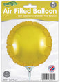A pack of five 9" Oaktree gold round foil balloons with self-sealing valves (airfill only). The packaging shows one inflated balloon and product details.