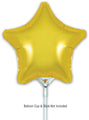 A 9" gold star-shaped Oaktree brand foil balloon (airfill only, with self-sealing valve) is shown against a white background. Balloon Cup & Stick Not Included is written below. Comes in a pack of 5.