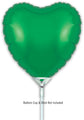 A 9" green heart-shaped Oaktree foil balloon with a shiny surface is shown on a white stick. Text below states, “Balloon Cup & Stick Not Included.” The background is plain white. Sold in packs of 5; airfill only, self-sealing valve.