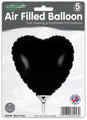 A sealed pack of five Oaktree 9" black heart-shaped foil balloons, labeled "Airfill Only" with a self-sealing valve. Refillable and sold under the Oaktree brand.