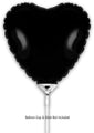A shiny black heart-shaped 9" Oaktree foil balloon (airfill only, self-sealing valve) is shown with a white plastic holder. Text below says "Balloon Cup & Stick Not Included." Background is plain white. Pack contains 5 balloons.