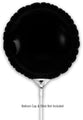 A 9" black round foil balloon from Oaktree, airfill only with a self-sealing valve, is shown against a white background. A stick is pictured but the text below states: Balloon Cup & Stick Not Included. Sold in packs of 5.