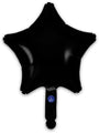 A 9" black star-shaped Oaktree foil balloon (airfill only, self-sealing valve), shown against a white background with a small blue label near the bottom. Comes in a pack of 5.