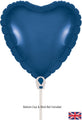 A 9" navy blue heart-shaped Oaktree foil balloon (5 per pack) with self-sealing valve. For airfill only; cup & stick not included. Includes a small UK flag in the bottom right corner.