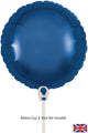 A 9" navy blue round Oaktree foil balloon (airfill only, self-sealing valve) on a white stick. Pack of 5. Note: Balloon cup & stick not included. Small UK flag in the bottom right corner.