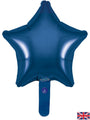 A shiny navy blue star-shaped foil balloon (9", airfill only, self-sealing valve) from Oaktree, sold in packs of 5. The British flag appears in the image’s bottom-right corner.
